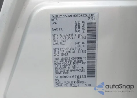 2015 Nissan Pathfinder Sv из США, поврежденный, VIN 5N1AR2MM2FC676133